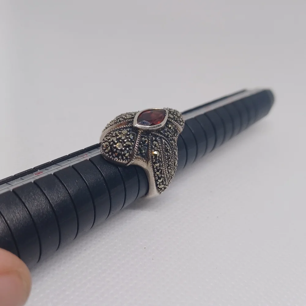 Vintage Sterling Judith Jack Red Garnet Marcasite Deco Statement Ring